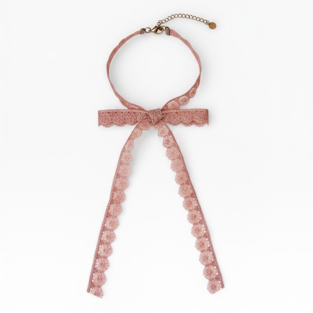 VTG Pink Lace Bow Choker Necklace - Vintage